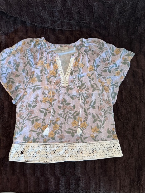 Tops - Floral Lace-Trim Peasant Blouse - Lavender Floral